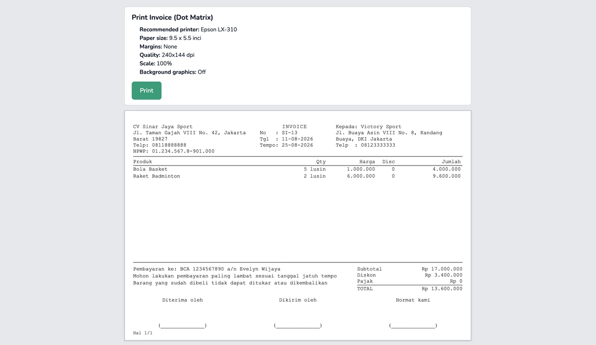 Preview invoice untuk printer dot matrix di Shiumi