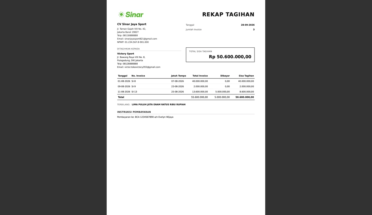 PDF rekap tagihan berisi daftar invoice belum lunas dan total sisa tagihan customer di Shiumi